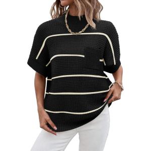 imageWomen 2024 Sweater Vest Mock Neck Batwing Short Sleeve Oversized Ribbed Knit Tops Fall Pullover Sweater SXXLBlack White Stripe