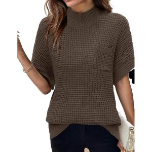 imageWomen 2024 Sweater Vest Mock Neck Batwing Short Sleeve Oversized Ribbed Knit Tops Fall Pullover Sweater SXXLBrown