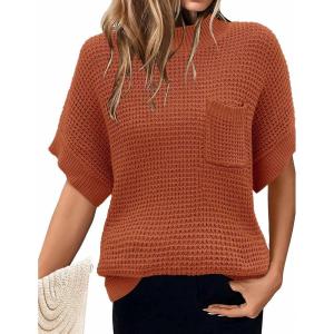 imageWomen 2024 Sweater Vest Mock Neck Batwing Short Sleeve Oversized Ribbed Knit Tops Fall Pullover Sweater SXXLCaramel