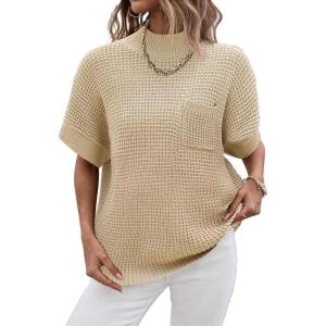 imageWomen 2024 Sweater Vest Mock Neck Batwing Short Sleeve Oversized Ribbed Knit Tops Fall Pullover Sweater SXXLCoffee
