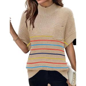 imageWomen 2024 Sweater Vest Mock Neck Batwing Short Sleeve Oversized Ribbed Knit Tops Fall Pullover Sweater SXXLColor Striped