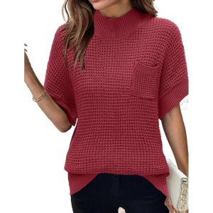 imageWomen 2024 Sweater Vest Mock Neck Batwing Short Sleeve Oversized Ribbed Knit Tops Fall Pullover Sweater SXXLDark Red