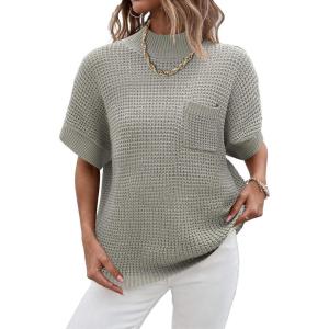 imageWomen 2024 Sweater Vest Mock Neck Batwing Short Sleeve Oversized Ribbed Knit Tops Fall Pullover Sweater SXXLGray