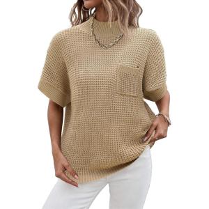 imageWomen 2024 Sweater Vest Mock Neck Batwing Short Sleeve Oversized Ribbed Knit Tops Fall Pullover Sweater SXXLKhaki