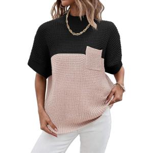 imageWomen 2024 Sweater Vest Mock Neck Batwing Short Sleeve Oversized Ribbed Knit Tops Fall Pullover Sweater SXXLPat1