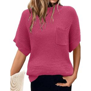 imageWomen 2024 Sweater Vest Mock Neck Batwing Short Sleeve Oversized Ribbed Knit Tops Fall Pullover Sweater SXXLRose Red