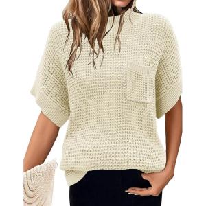 imageWomen 2024 Sweater Vest Mock Neck Batwing Short Sleeve Oversized Ribbed Knit Tops Fall Pullover Sweater SXXLWhite