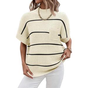 imageWomen 2024 Sweater Vest Mock Neck Batwing Short Sleeve Oversized Ribbed Knit Tops Fall Pullover Sweater SXXLWhite Black Stripe