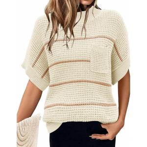imageWomen 2024 Sweater Vest Mock Neck Batwing Short Sleeve Oversized Ribbed Knit Tops Fall Pullover Sweater SXXLWhite Brown Striped