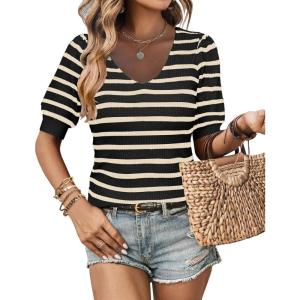 imageZeagoo Fall Sweaters for Women 2024 V Neck Short Sleeve Shirt Ribbed Knit Fit Pullover Sweater TopsStriped Black
