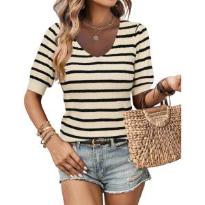 imageZeagoo Fall Sweaters for Women 2024 V Neck Short Sleeve Shirt Ribbed Knit Fit Pullover Sweater TopsStriped Sand
