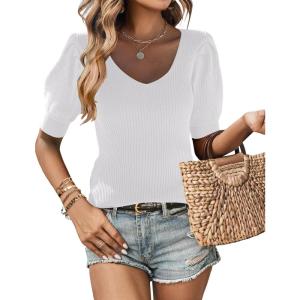 imageZeagoo Fall Sweaters for Women 2024 V Neck Short Sleeve Shirt Ribbed Knit Fit Pullover Sweater TopsWhite