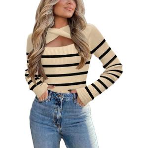 imageZeagoo Sweaters for Women 2024 Knit Trendy Long Sleeve Lightweight Slim Fit Pullover Cutout Tops SXXLApricot Black Stripe