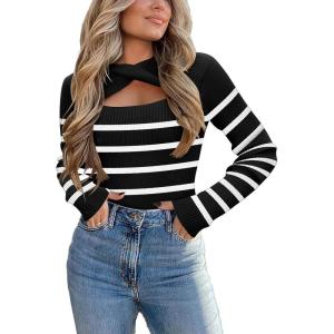 imageZeagoo Sweaters for Women 2024 Knit Trendy Long Sleeve Lightweight Slim Fit Pullover Cutout Tops SXXLBlack White Stripe