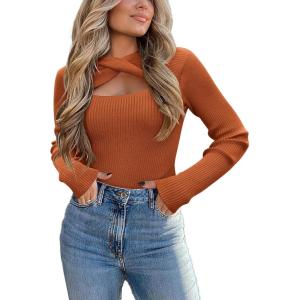 imageZeagoo Sweaters for Women 2024 Knit Trendy Long Sleeve Lightweight Slim Fit Pullover Cutout Tops SXXLCaramel