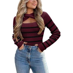 imageZeagoo Sweaters for Women 2024 Knit Trendy Long Sleeve Lightweight Slim Fit Pullover Cutout Tops SXXLRed Black Stripe