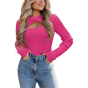 imageZeagoo Sweaters for Women 2024 Knit Trendy Long Sleeve Lightweight Slim Fit Pullover Cutout Tops SXXLRose Red