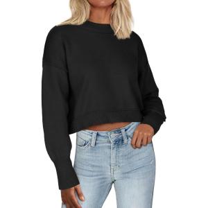 imageZeagoo Womens 2024 Fall Crewneck Cropped Sweater Cozy Long Sleeve Ribbed Knit Pullover Dropped Shoulders Trendy Jumper TopsBlack