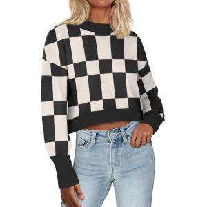 imageZeagoo Womens 2024 Fall Crewneck Cropped Sweater Cozy Long Sleeve Ribbed Knit Pullover Dropped Shoulders Trendy Jumper TopsBlack Plaid