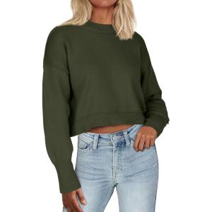 imageZeagoo Womens 2024 Fall Crewneck Cropped Sweater Cozy Long Sleeve Ribbed Knit Pullover Dropped Shoulders Trendy Jumper TopsGreen