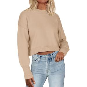 imageZeagoo Womens 2024 Fall Crewneck Cropped Sweater Cozy Long Sleeve Ribbed Knit Pullover Dropped Shoulders Trendy Jumper TopsKhaki