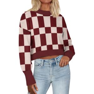 imageZeagoo Womens 2024 Fall Crewneck Cropped Sweater Cozy Long Sleeve Ribbed Knit Pullover Dropped Shoulders Trendy Jumper TopsRed Plaid