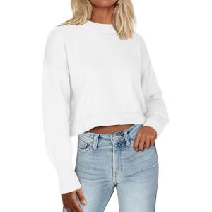 imageZeagoo Womens 2024 Fall Crewneck Cropped Sweater Cozy Long Sleeve Ribbed Knit Pullover Dropped Shoulders Trendy Jumper TopsWhite