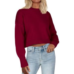 imageZeagoo Womens 2024 Fall Crewneck Cropped Sweater Cozy Long Sleeve Ribbed Knit Pullover Dropped Shoulders Trendy Jumper TopsWine Red