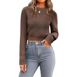 imageZeagoo Womens 2025 Fall Crewneck Cropped Sweater Trendy Long Sleeve Ribbed Knit Pullover Jumper TopsBrown