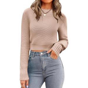 imageZeagoo Womens 2025 Fall Crewneck Cropped Sweater Trendy Long Sleeve Ribbed Knit Pullover Jumper TopsKhaki