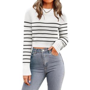 imageZeagoo Womens 2025 Fall Crewneck Cropped Sweater Trendy Long Sleeve Ribbed Knit Pullover Jumper TopsZwhite Black Stripe