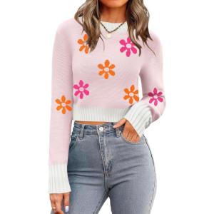 imageZeagoo Womens 2025 Fall Crewneck Cropped Sweater Trendy Long Sleeve Ribbed Knit Pullover Jumper TopsZwhiteflower