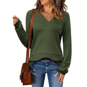 imageZeagoo Womens 2025 Fall Sweaters Casual Long Sleeve Ribbed Knit Pullover V Neck Lightweight Crochet Pullover Sweater TopArmy Green