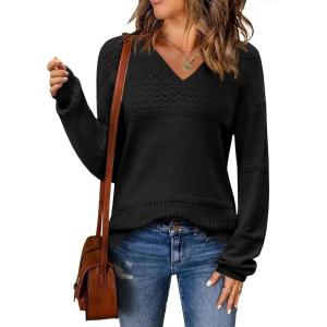 imageZeagoo Womens 2025 Fall Sweaters Casual Long Sleeve Ribbed Knit Pullover V Neck Lightweight Crochet Pullover Sweater TopBlack