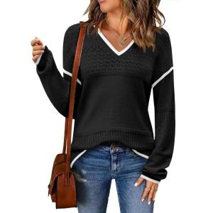 imageZeagoo Womens 2025 Fall Sweaters Casual Long Sleeve Ribbed Knit Pullover V Neck Lightweight Crochet Pullover Sweater TopBlack B1