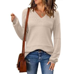 imageZeagoo Womens 2025 Fall Sweaters Casual Long Sleeve Ribbed Knit Pullover V Neck Lightweight Crochet Pullover Sweater TopBrown