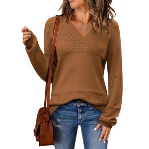 imageZeagoo Womens 2025 Fall Sweaters Casual Long Sleeve Ribbed Knit Pullover V Neck Lightweight Crochet Pullover Sweater TopCoffee