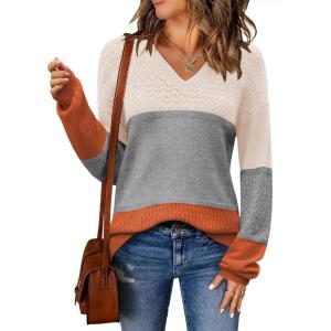 imageZeagoo Womens 2025 Fall Sweaters Casual Long Sleeve Ribbed Knit Pullover V Neck Lightweight Crochet Pullover Sweater TopColorblock 278