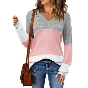 imageZeagoo Womens 2025 Fall Sweaters Casual Long Sleeve Ribbed Knit Pullover V Neck Lightweight Crochet Pullover Sweater TopColorblock 457