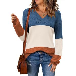 imageZeagoo Womens 2025 Fall Sweaters Casual Long Sleeve Ribbed Knit Pullover V Neck Lightweight Crochet Pullover Sweater TopColorblock 458