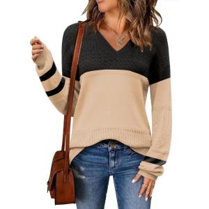 imageZeagoo Womens 2025 Fall Sweaters Casual Long Sleeve Ribbed Knit Pullover V Neck Lightweight Crochet Pullover Sweater TopColorblock Pat1
