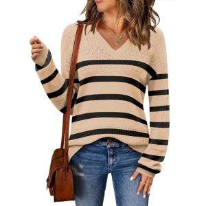 imageZeagoo Womens 2025 Fall Sweaters Casual Long Sleeve Ribbed Knit Pullover V Neck Lightweight Crochet Pullover Sweater TopColorblock Tw5