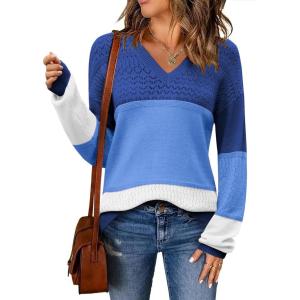imageZeagoo Womens 2025 Fall Sweaters Casual Long Sleeve Ribbed Knit Pullover V Neck Lightweight Crochet Pullover Sweater TopDusty Blue