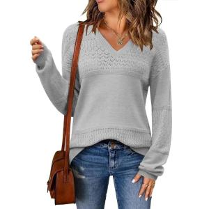 imageZeagoo Womens 2025 Fall Sweaters Casual Long Sleeve Ribbed Knit Pullover V Neck Lightweight Crochet Pullover Sweater TopGray
