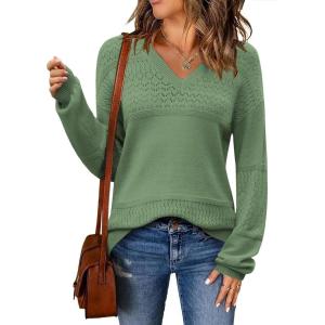 imageZeagoo Womens 2025 Fall Sweaters Casual Long Sleeve Ribbed Knit Pullover V Neck Lightweight Crochet Pullover Sweater TopLake Blue