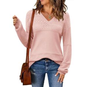 imageZeagoo Womens 2025 Fall Sweaters Casual Long Sleeve Ribbed Knit Pullover V Neck Lightweight Crochet Pullover Sweater TopLight Pink