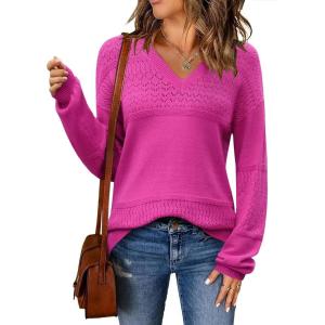 imageZeagoo Womens 2025 Fall Sweaters Casual Long Sleeve Ribbed Knit Pullover V Neck Lightweight Crochet Pullover Sweater TopRose Red