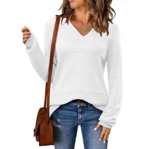 imageZeagoo Womens 2025 Fall Sweaters Casual Long Sleeve Ribbed Knit Pullover V Neck Lightweight Crochet Pullover Sweater TopWhite