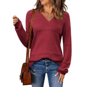 imageZeagoo Womens 2025 Fall Sweaters Casual Long Sleeve Ribbed Knit Pullover V Neck Lightweight Crochet Pullover Sweater TopWine Red