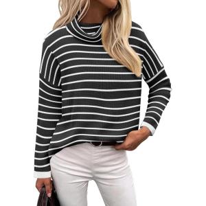 imageZeagoo Womens 2025 Fashion Turtleneck Sweaters Color Block Cozy Long Sleeve Casual Knit Pullover Oversized Loose Jumper TopsBlack and White Stripes